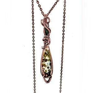 HANDMADE River Jasper and Vintage Jade Copper Wire Wrapped Pendant Necklace